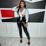 Elastic PU leather suspender zipper pants+two-piece shirt top