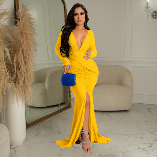 Fashion Women's Solid V-Neck Long Sleeve Dress Pleated Dress