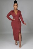 Fashion slim fitting low cut evening dress High waist slit sexy dress