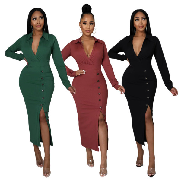 Fashion slim fitting low cut evening dress High waist slit sexy dress