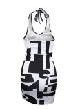 Color contrast sexy neck wrap dress with straps sexy backless sleeveless short skirt
