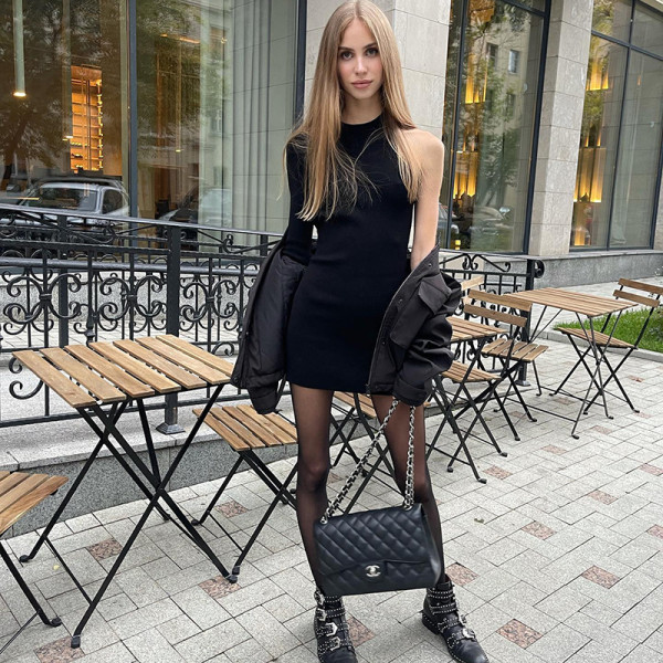 Clean color irregular one shoulder long sleeve hollow sexy hip wrap skirt