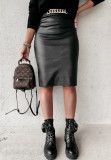 Temperament sexy high waist chain decoration hip leather skirt women's dress