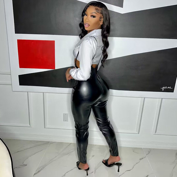 Elastic PU leather suspender zipper pants+two-piece shirt top