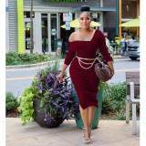 Fashion women's solid diagonal collar long sleeve metal chain belt dress