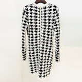 Fashionable new V-neck metal button thousand bird grid jacquard long sleeve dress