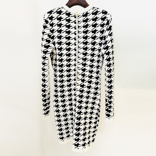 Fashionable new V-neck metal button thousand bird grid jacquard long sleeve dress