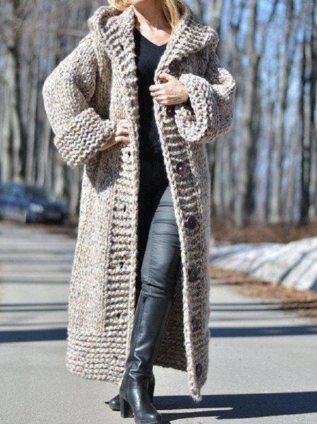 Hooded cardigan loose knit long coat C659526610350