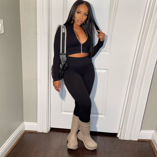 Solid color top long sleeve zipper open navel trousers tight casual sports suit
