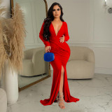 Fashion Women's Solid V-Neck Long Sleeve Dress Pleated Dress