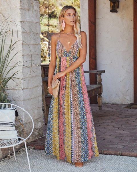 V-neck sexy backless suspender printed large hem dress for women