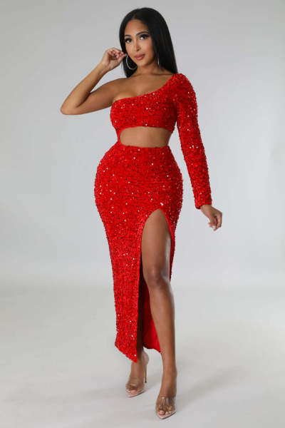One shoulder fashion sequins sexy open cut buttocks women's dress