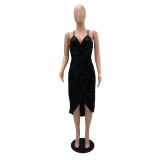 Sleeveless low cut sexy sequins irregular suspenders dress