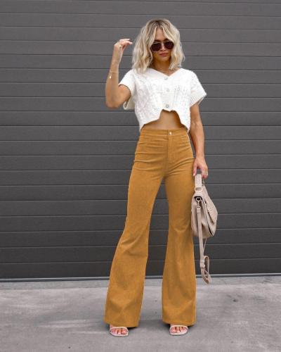 Women's solid color high waist slim micro flare pants corduroy high waist casual pants