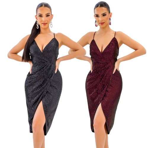Sleeveless low cut sexy sequins irregular suspenders dress