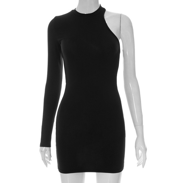 Clean color irregular one shoulder long sleeve hollow sexy hip wrap skirt
