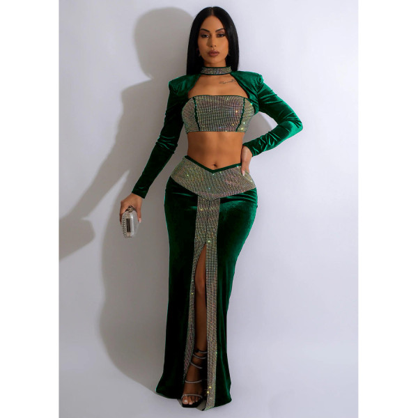 Fashion women's solid color hot drilling long sleeved skirt short shirt two-piece set