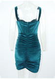 Golden velvet suspender dress with fishbone like design for female, with pleated waist and buttocks