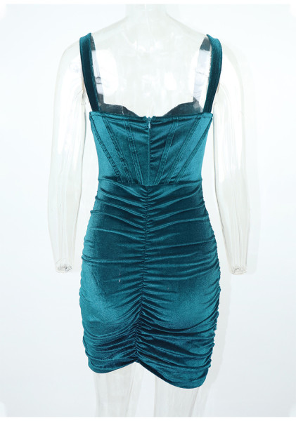 Golden velvet suspender dress with fishbone like design for female, with pleated waist and buttocks