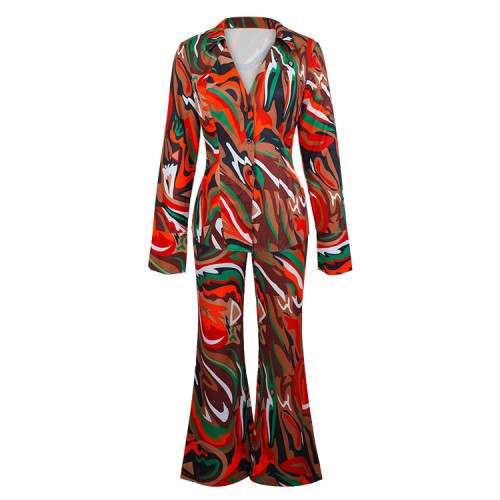 Sexy printed shirt wide leg pants fashionable casual two-piece set