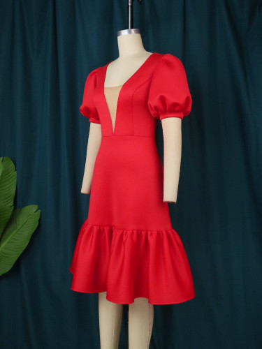 Fashionable V-neck perspective meat covered bubble sleeve A-line skirt for daily commuting high waist slim dress