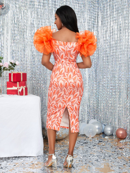 Oversize small design sleeve splicing printing buttocks skirt mid length party dress dress