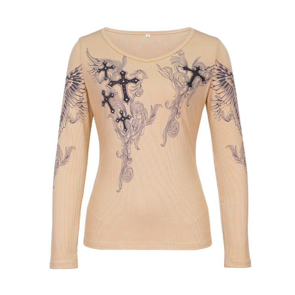 Slim fitting hot drill printed round neck temperament commuter multi-color long sleeve bottoming shirt