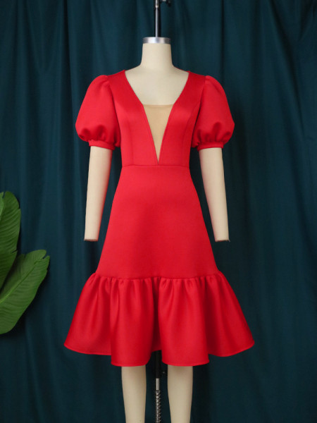 Fashionable V-neck perspective meat covered bubble sleeve A-line skirt for daily commuting high waist slim dress