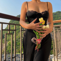 Lace edge splicing long satin dress temperament sexy solid color slim slip dress Lace edge splicing long satin dress temperament sexy solid color slim slip dress