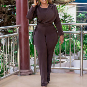 Fashion long sleeved solid casual wide leg outer size jumpsuit