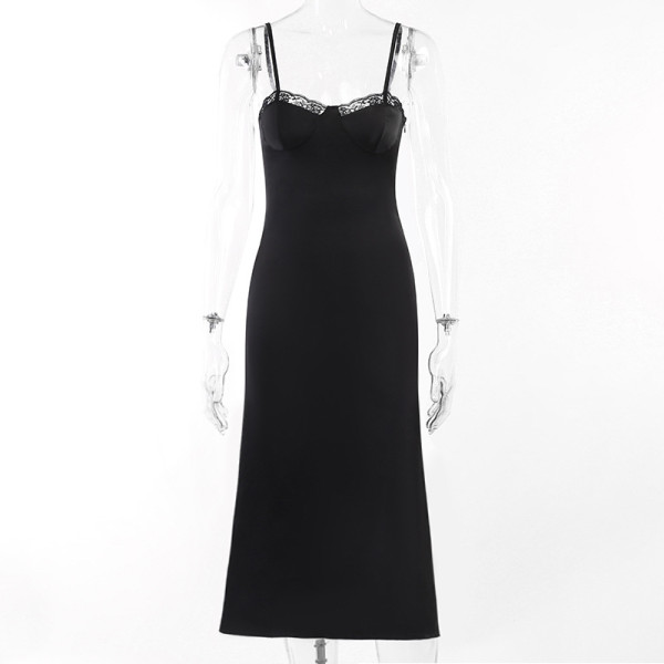 Lace edge splicing long satin dress temperament sexy solid color slim slip dress