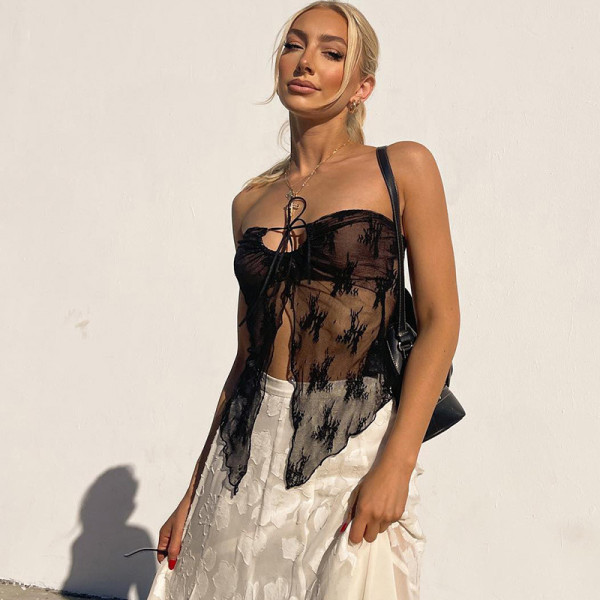 Sexy Lace Panel Hollow Bra Top Fashion Style Printed Vest