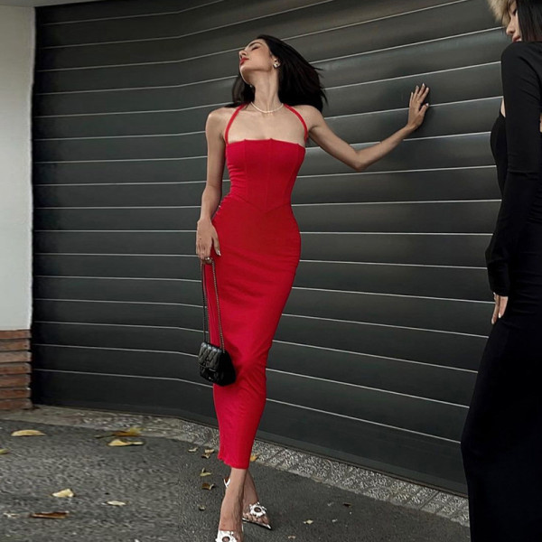 Temperament Tunic Neck Tie Dress Slim Party Dress Long Dress