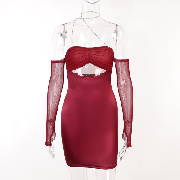 Diamond chain bodice cut out hip wrap dress Sexy hot girls party long sleeve hip wrap dress