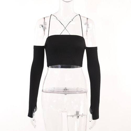 Basic Off Shoulder Short Top Fashion Spice Style Solid Versatile Strap