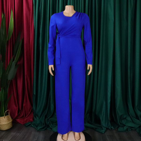 Fashion long sleeved solid casual wide leg outer size jumpsuit