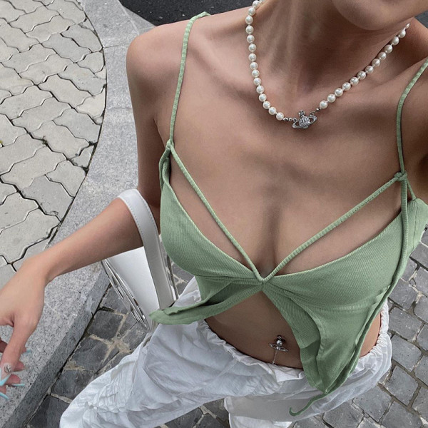 Sexy hollow tie neck exposed navel vest ins small design sense slim hot girl versatile top