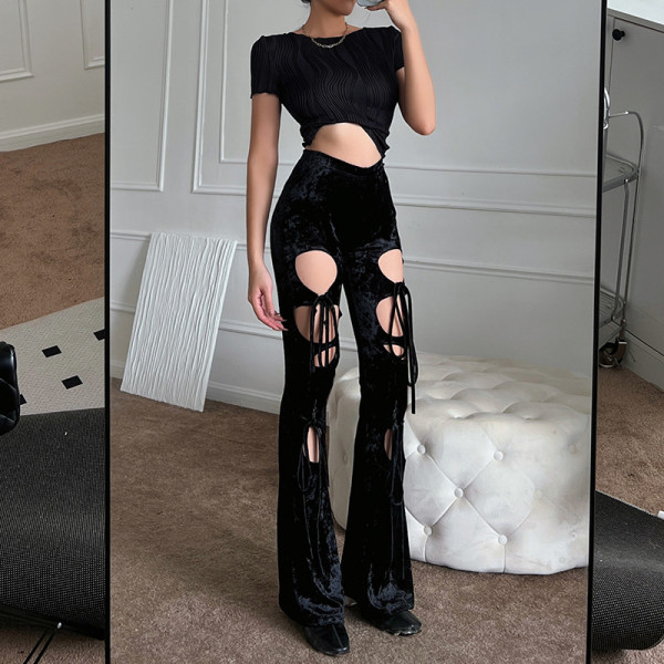 Slim slim hollow lace velvet casual pants design sense versatile pants