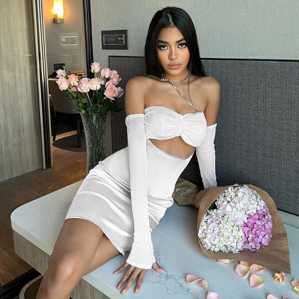 Diamond chain bodice cut out hip wrap dress Sexy hot girls party long sleeve hip wrap dress