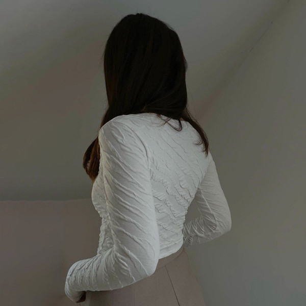 Jacquard square neck long sleeve slim fitting solid color shirt ins, small design, versatile bottoming shirt