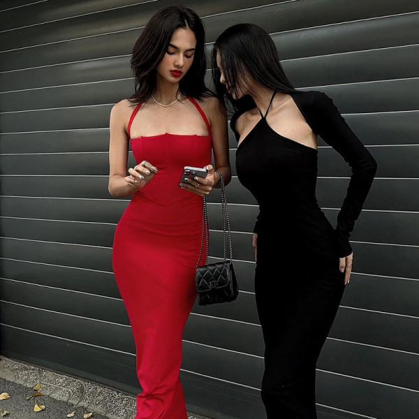 Temperament Tunic Neck Tie Dress Slim Party Dress Long Dress