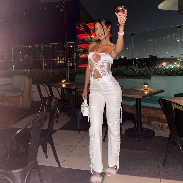 Tassel cut out bandage sexy bodice top Spicy girl exposed navel vest
