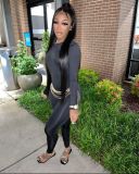 Women's solid color sexy backless tight long sleeve jumpsuit pants
