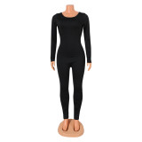 Women's solid color sexy backless tight long sleeve jumpsuit pants