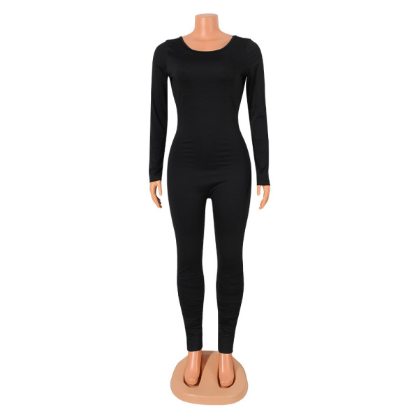 Women's solid color sexy backless tight long sleeve jumpsuit pants