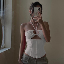 Neck hanging hollow basic sexy top European and American street fashion hot girl slim backless versatile vest Neck hanging hollow basic sexy top European and American street fashion hot girl slim backless versatile vest