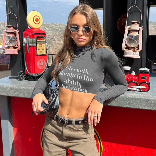 Alphabet Print High Neck Sexy Open Umbilical Long Sleeve Top ins European and American Spice Girl Fashion Short T-shirt