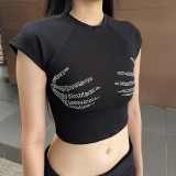 Featured magic claw hot drill open navel T-shirt with small design feeling, slim fit and hot girls' versatile short sleeves