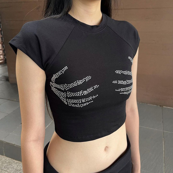 Featured magic claw hot drill open navel T-shirt with small design feeling, slim fit and hot girls' versatile short sleeves