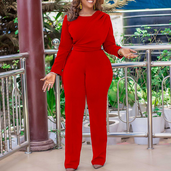 Fashion long sleeved solid casual wide leg outer size jumpsuit